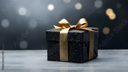 Black Gift Box in front of a light Background with Copy Space. Festive Template for Holidays and Celebrations