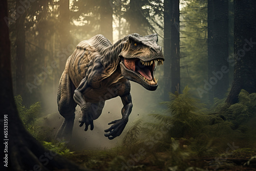 Prehistoric Jurrassic era, a Tyrannosaurus rex dinosaur runs through a green forest, chasing prey, hunting, with a hazy sunlight breaking through, T-Rex © Nick