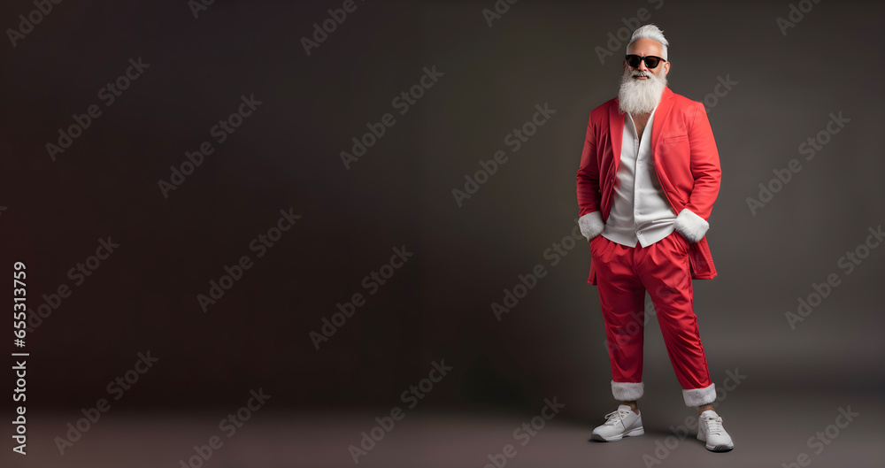 Santa Claus in minimalist modern outfit, standing over dark background with copy space