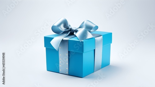 Blue Gift Box in front of a light Background with Copy Space. Festive Template for Holidays and Celebrations © drdigitaldesign