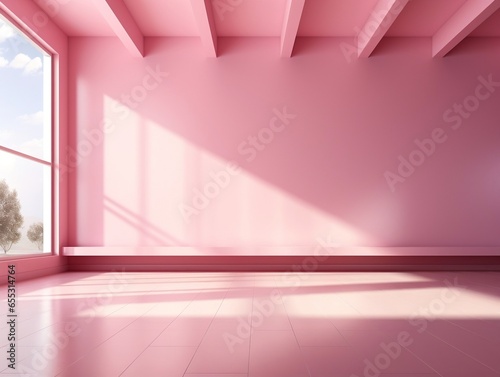 Pink empty room with a window and a beam of sunlight generative ai