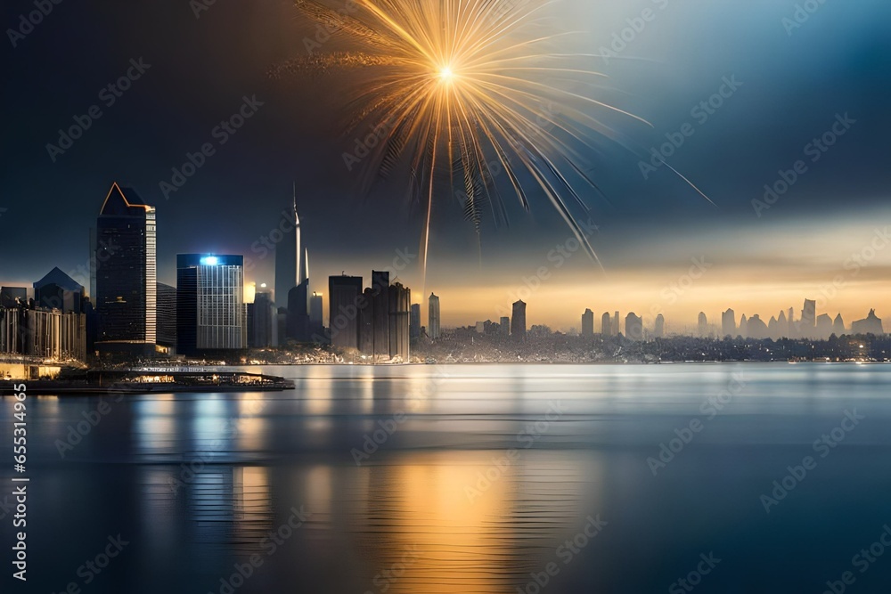 city skyline,abstract background with Dark blue and gold particle. Christmas Golden light shine particles bokeh on navy blue background. Gold foil texture. Holiday.