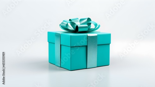 Cyan Gift Box in front of a light Background with Copy Space. Festive Template for Holidays and Celebrations © drdigitaldesign