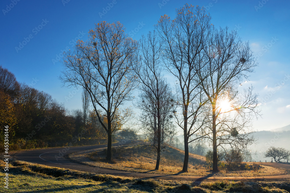 old countryside road in mountains at sunrise. pass turnaround near the trees on the hill. view in to the rural valley on a misty autumn morning old countryside road in mountains at sunrise. pass turnaround near the trees on the hill. view in to the rural valley on a misty autumn morning