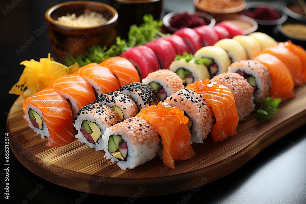 Top view of assorted sushi. Overhead japanese cuisine sushi food. Set maki rolls with salmon, shrimp, crab and avocado tuna. AI Generative Top view of assorted sushi. Overhead japanese cuisine sushi food. Set maki rolls with salmon, shrimp, crab and avocado tuna. AI Generative