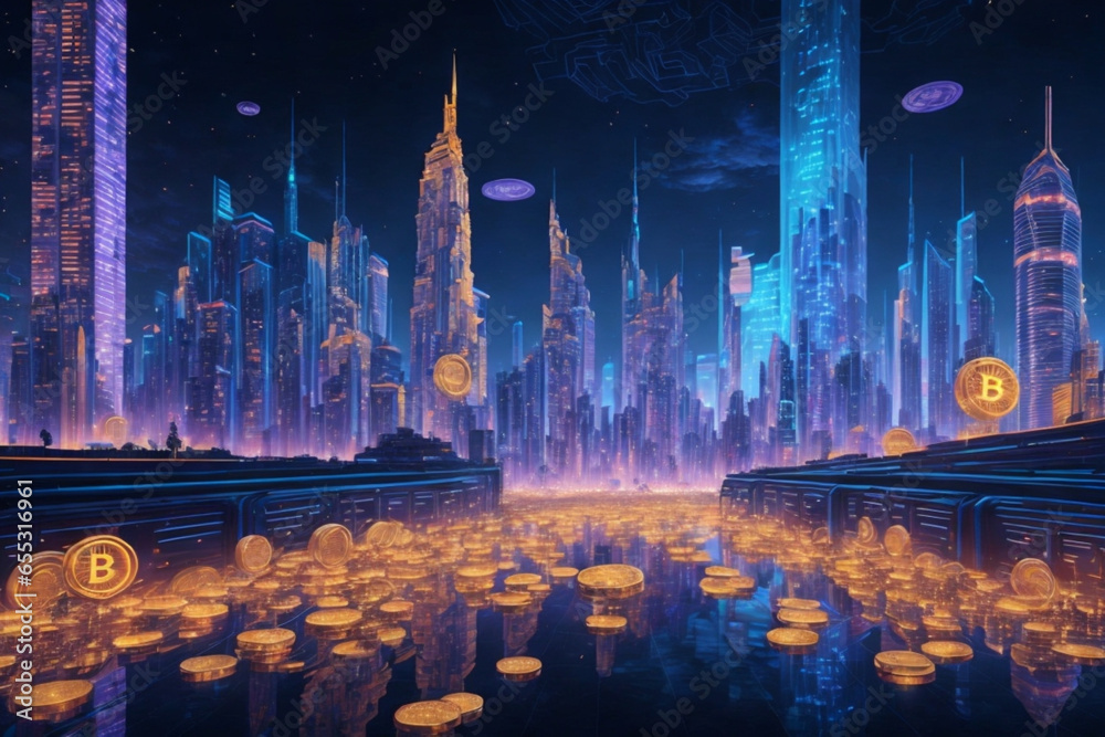 A futuristic cityscape with towering skyscrapers made entirely of shimmering Bitcoin coins, reflecting the neon lights of the bustling metropolis.