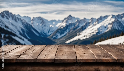 Empty Blank Rustic Old Wooden Table Top Boards Desk with Snow Capped Mountains View Snowy Nature Background National Park Landscape Backdrop Outdoors Mockup Product Display Showcase Montage Natural