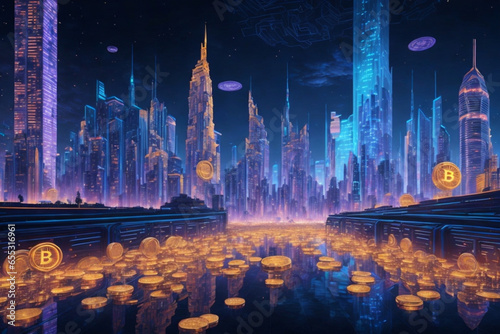 A futuristic cityscape with towering skyscrapers made entirely of shimmering Bitcoin coins, reflecting the neon lights of the bustling metropolis.