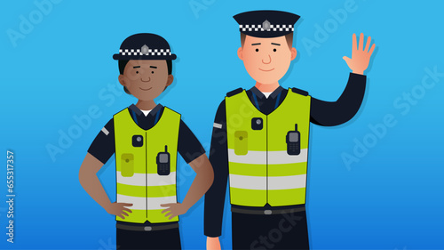 Simple flat British police officers vector characters concept. Friendly policeman and policewoman from United Kingdom, smiling and waving. Easy to edit flat modern trendy style.