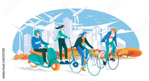 A group of young people moving in an ecological transport against the background of a cityscape. Bicycle, scooter, moped. Environmental safety concept. Vector flat illustration