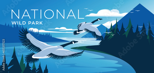 Flying Canadian Geese over forest mountains. Lake landscape with calm water. Blue and green. National wildlife park, tourism and travel advertising. Vector illustration