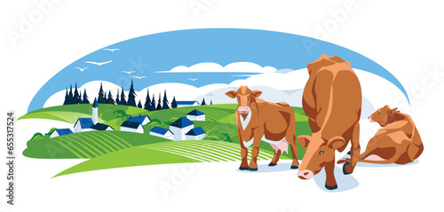 a view of the village in the middle of a green meadow. Agriculture and farming. Pets. Cows Vector flat illustration
