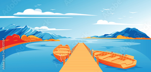 pier with boats autumn landscape. Calm water in the lagoon. Horizon. Advertising of tourism, travel, adventure and recreation. Vector illustration