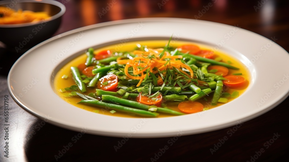 a white plate topped with green beans and veggies. generative ai a white plate topped with green beans and veggies. generative ai
