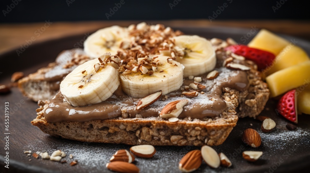  a piece of bread topped with bananas, nuts, and chocolate.  generative ai