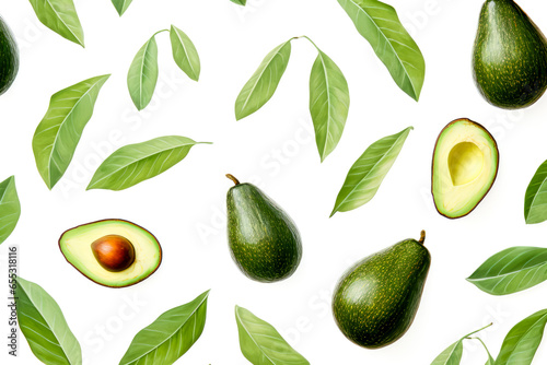 Wallpaper Mural Avocado pattern with leaves on white background. Flat lay, top view Torontodigital.ca
