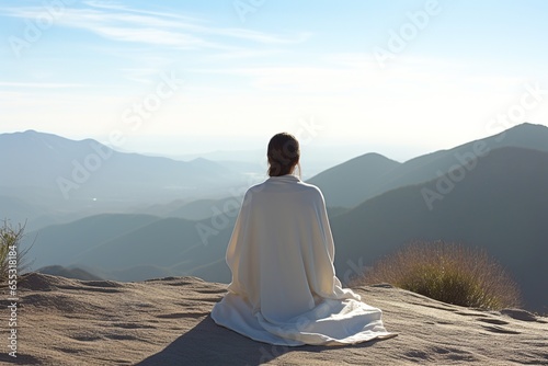 A meditator  adorned in a simple white linen robe  finds peace atop a serene mountain peak. Bathed in soft morning sunlight  the scene is painted in pastel blues and gentle whites