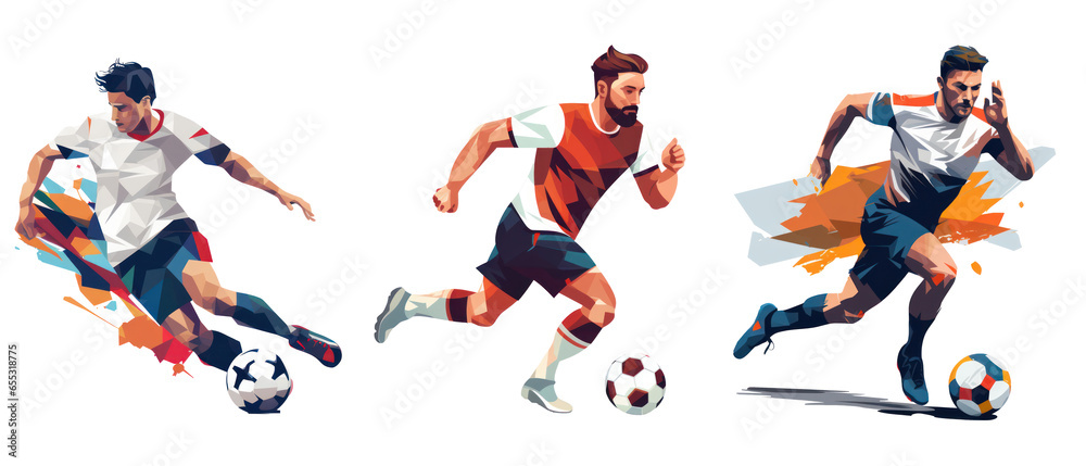 Illustration of a soccer player kicking the ball, european championship, different versions, isolated