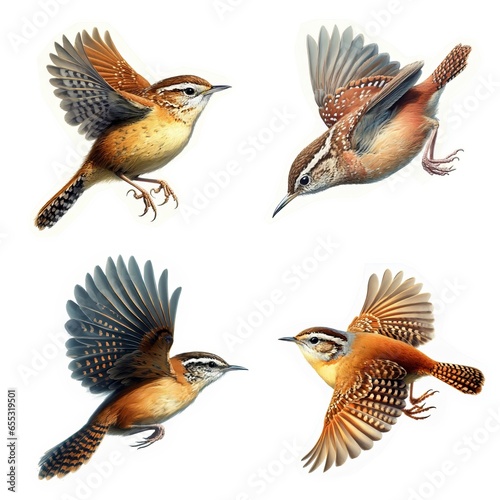 A set of flying Carolina Wrens isolated on a white background