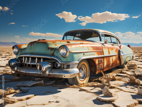 Abandoned car in a desert. Generative AI