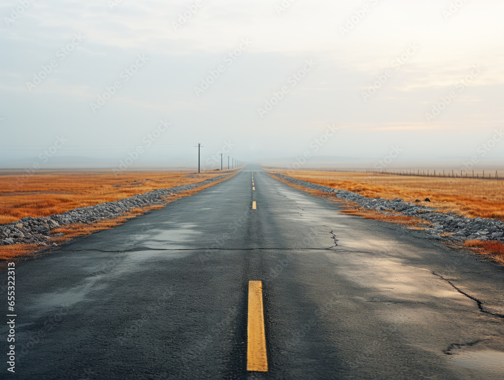 Empty asphalt road in the steppe at sunset, natural landscape background. Generative AI