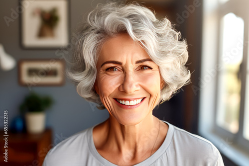 Smiling middle aged mature grey haired woman looking at camera, happy old lady in glasses posing at home indoor, positive single senior retired female sitting on sofa in living room headshot portrait