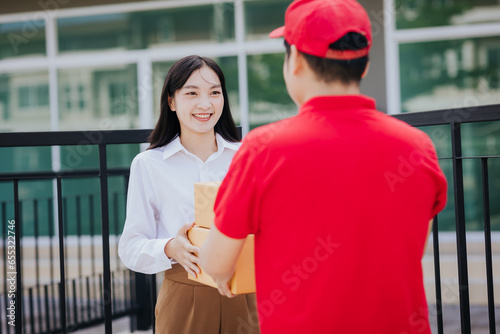The delivery man stood smiling and handed a box to an Asian female customer in front of the house.
​