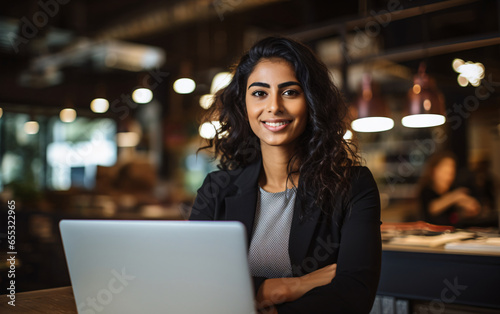 Portrait of young Indian smiling businesswoman using laptop in office, strong women concept photo