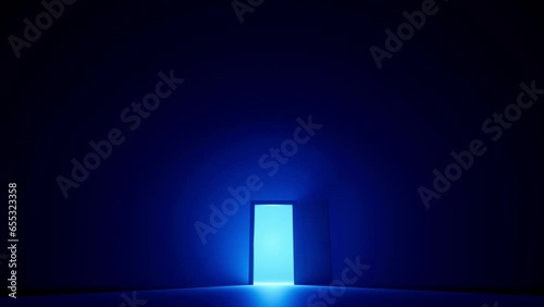  door opening in darkness. Blue door open with glowing lights inside. Magical camera zoom into white
