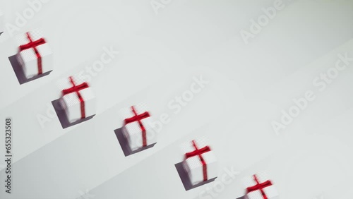 christmas boxes moving across screen frame with white background. Holiday celebration decoration backdrop