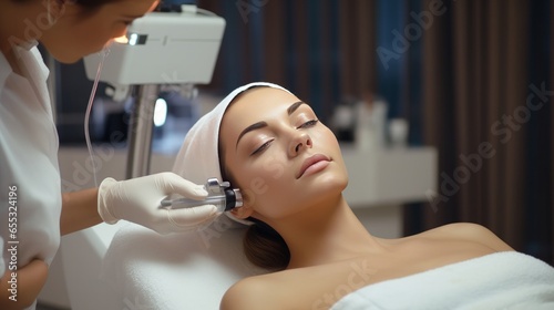 A lovely young lady undergoing a rejuvenating and skin-tightening treatment at a professional cosmetic spa.