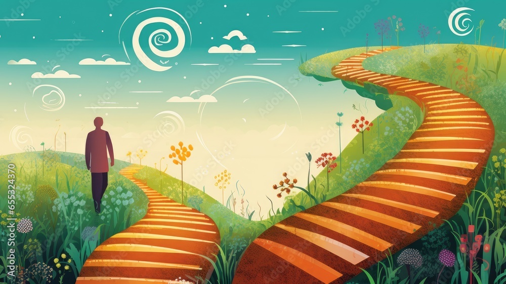 Visualize a person walking along a winding path, passing milestones ...