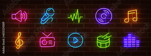 Music neon sign, bright signboard, light banner. Music logo neon, emblem. Vector illustration