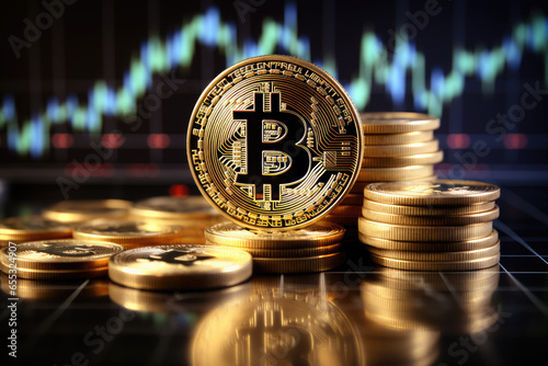 Bitcoin Cryptocurrency coins with price Rise and fall chart. Electronic money.Trading on the cryptocurrency exchange.Digital market.