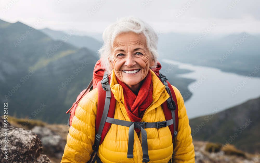 Elderly smiling senior woman with a backpack on a hiking trip in the mountains, strong woman concept, activity in retirement