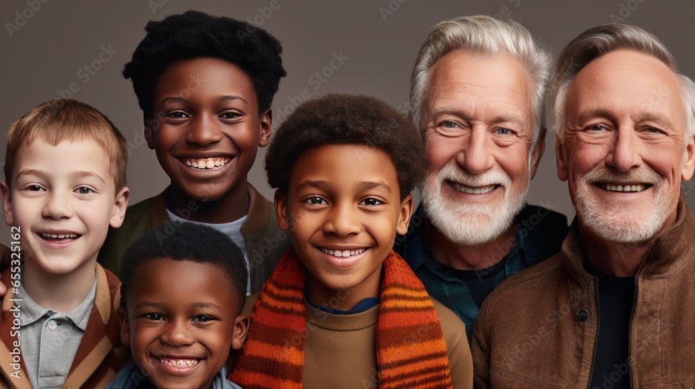 Happy multiethnic young adult and old daddies hugging children looking at camera. Smiling african and caucasian dads posing with kids for family faces headshots portraits. Fathers day concept. Collage Happy multiethnic young adult and old daddies hugging children looking at camera. Smiling african and caucasian dads posing with kids for family faces headshots portraits. Fathers day concept. Collage