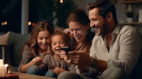 Happy young parents and excited kids watching funny video online content on mobile phone, making call, talking, using app, getting good news, feeling joy. Family using smartphone, relaxing on couch