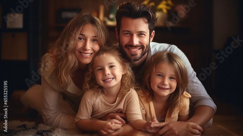 Portrait of happy full bonding family of four, sitting at warm wooden heated floor in living room at home. Smiling lovely young parents hugging little cute children siblings, looking at camera.