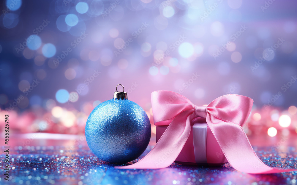 Blue glittery Christmas toy next to gift with pink bow, on warm background with lights and bokeh. Ball with toy on glittery bg with copypaste and space for text for Christmas or New Year Blue glittery Christmas toy next to gift with pink bow, on warm background with lights and bokeh. Ball with toy on glittery bg with copypaste and space for text for Christmas or New Year