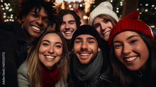 Group of happy multiracial people taking a selfie with christmas cutome ai generated