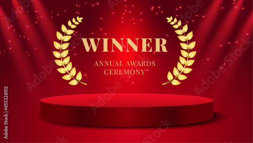 Luxury red background for the annual awards ceremony with realistic podium, text and golden laurel wreath.