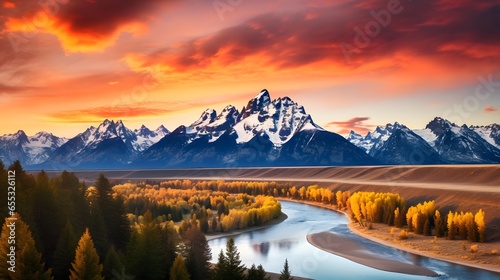 Panoramic view of the river and mountains at sunset, New Zealand
