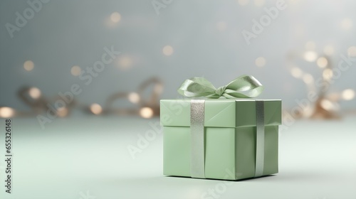 Light Green Gift Box in front of a light Background with Copy Space. Festive Template for Holidays and Celebrations