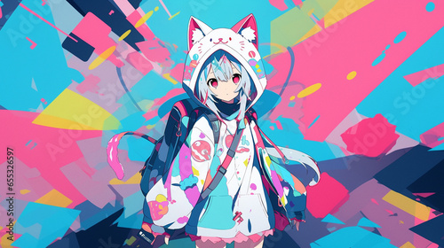 cute anime style girl animal costume cyberpunk school uniform, with generative ai