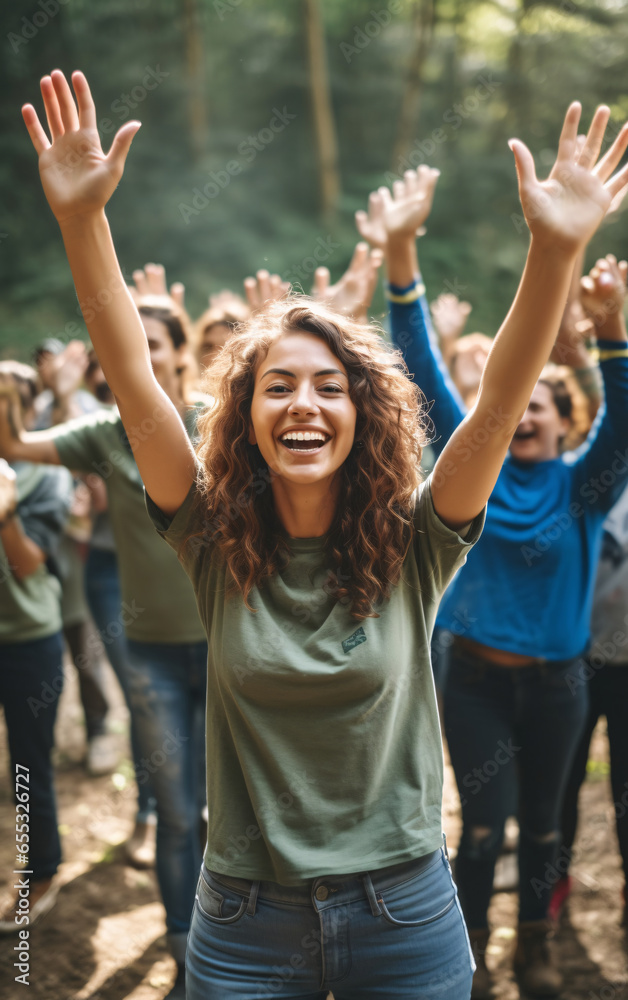 Obraz premium Portrait of a young woman activist in the crowd, determined woman leading community