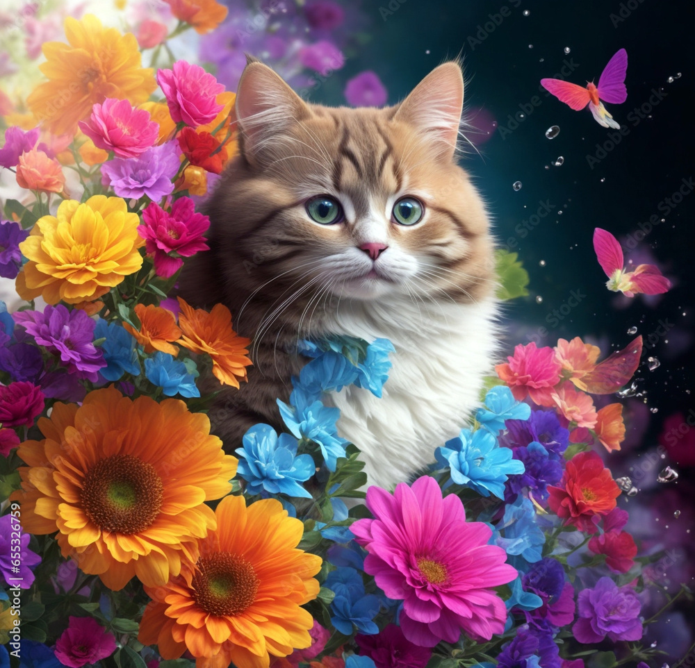 Fototapeta A colorful adorable cat with fantasy flowers splash