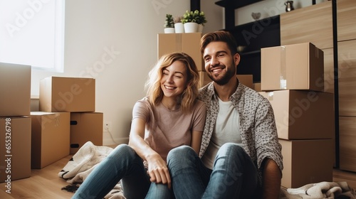 
House Moving. The happy couple needs to carry and organize all the packages. Furnish an empty house. Success, change, positivity and future concept photo