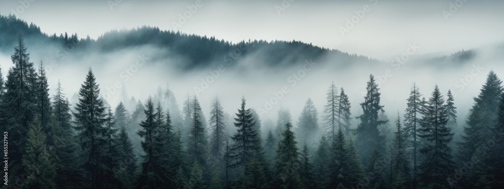 Wide view of Pine trees in graduating mist