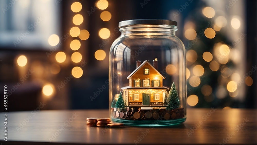 Coin jar on the table miniature house and bokeh lights Coin jar on the table miniature house and bokeh lights