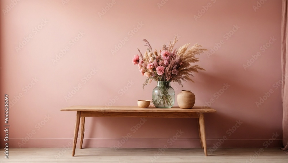 still life with dry flowers and vase. Flower shop, solid pastel background mockup